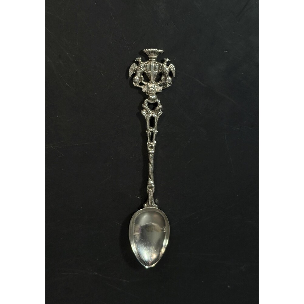Antique 800 Silver Heraldic Crest Spoon Winged Lions Crown Shield European 3.9”